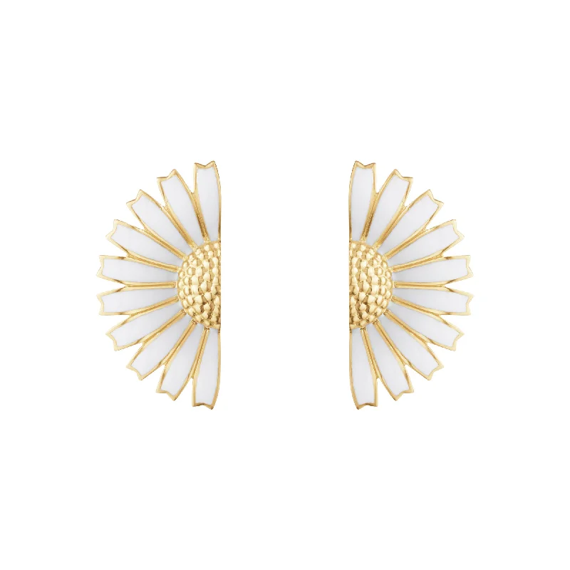 Trendy Gemstone Earrings-Daisy Half Flower Gold Plated Earrings w. White Enamel