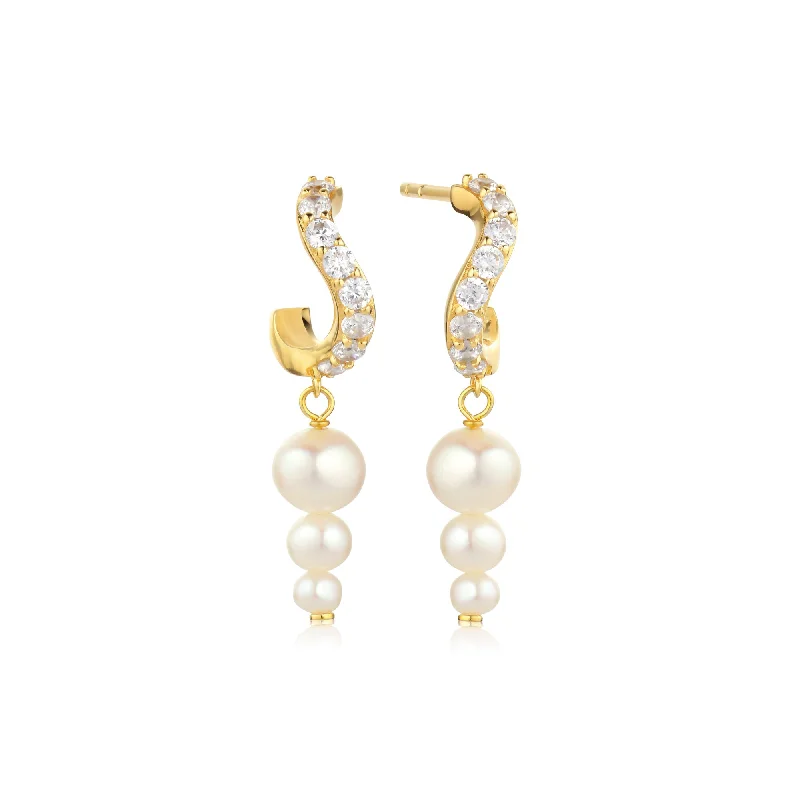 Elegant Crystal Earrings for Women-Ponza Lungo 18K Gold Plated Creols w. Zirconias & Pearls