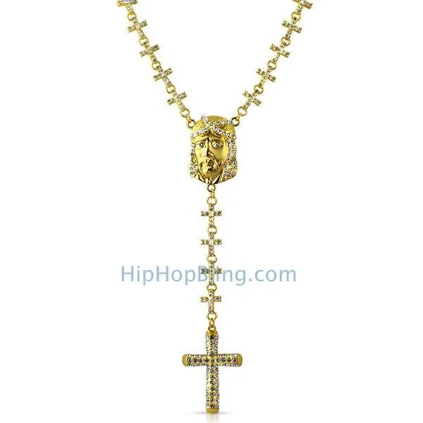 Wedding Bridal Necklaces-Gold Jesus Piece Cross Link Totally Iced Out Rosary Necklace