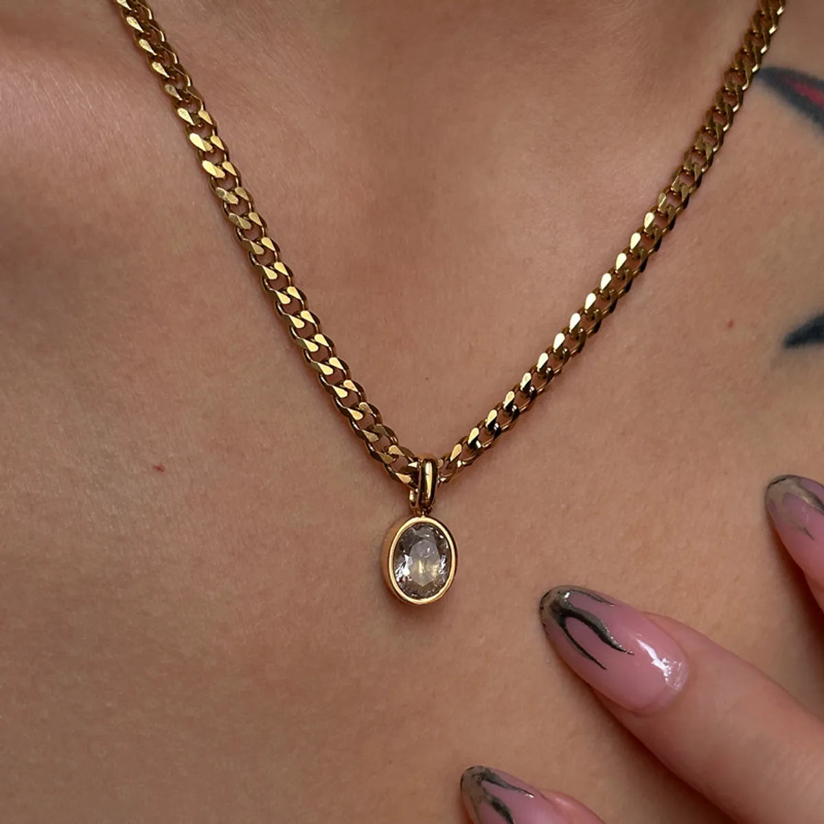 Gold Chain Necklaces-Ig Style Simple Style Oval Stainless Steel Plating Inlay Zircon 18k Gold Plated Pendant Necklace Long Necklace