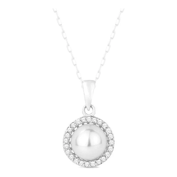 Artistic Pendant Necklaces-14K Gold Pearl and Diamond Halo Pendant