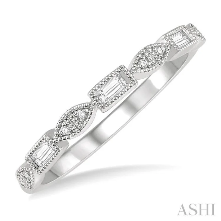 Custom Wedding Bands for Her-1/10 ctw Baguette & Round Cut Diamond Stackable Band in 14K White Gold