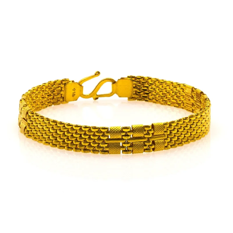 Custom Initial Bracelets-22K Yellow Gold Men's Bracelet W/ Brick Link & Cuff Accents