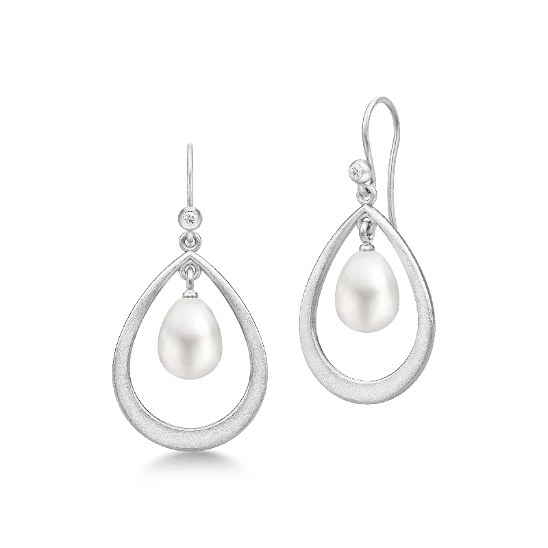 Elegant Hoop Earrings-Afrodite Droplet Silver Earrings w. Pearl & Zirconia