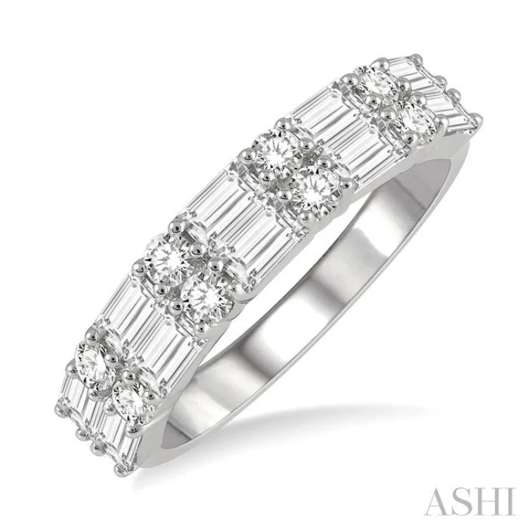 Custom Gemstone Promise Wedding Rings-1 1/5 ctw Double Baguette and Round Cut Diamond Fashion Band in 14K White Gold