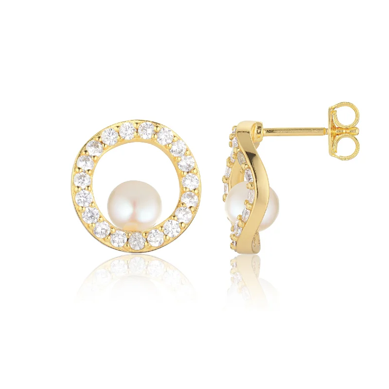 Dazzling Drop Earrings-Ponza Circolo 18K Gold Plated Earrings w. Zirconias & Pearl