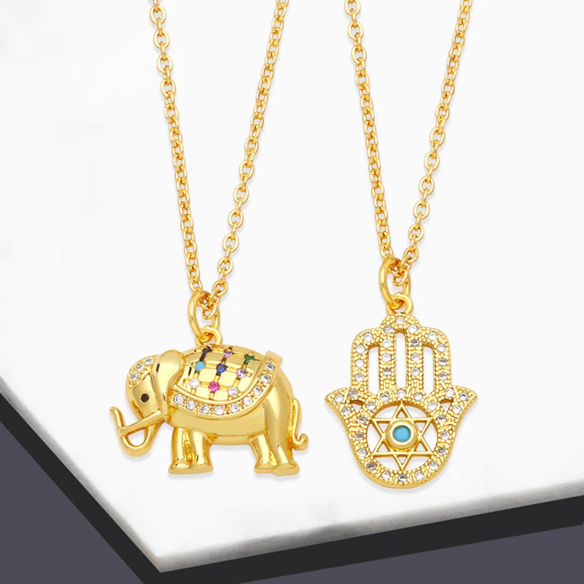 Antique Silver Necklaces-Retro Hand Of Fatima Elephant Copper Gold Plated Zircon Pendant Necklace 1 Piece