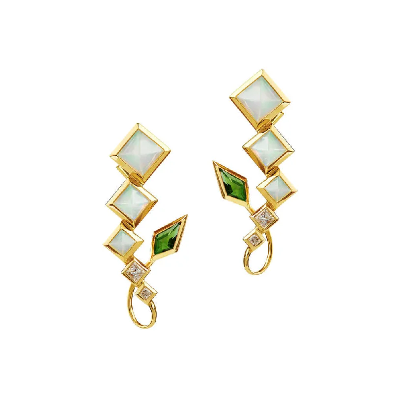 Elegant Silver Hoop Earrings-SPECTRUM Arabesque Green 18K Gold Earrings w. Chrome diopside, Opal & Diamond