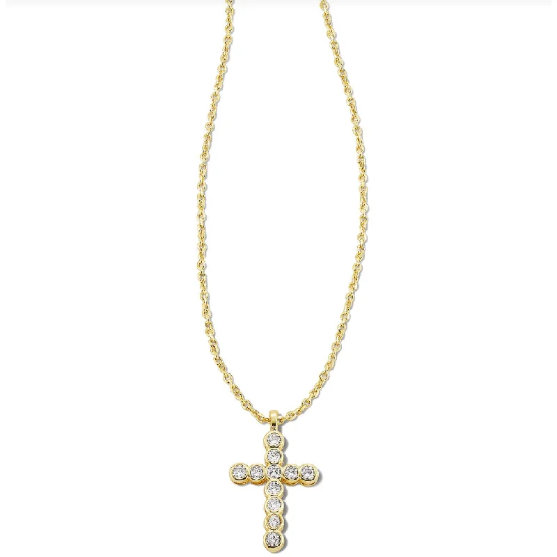 Custom Engraved Necklaces-Kendra Scott Gold Cross Crystal Necklace in White Crystal