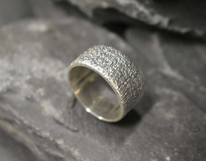 Simple Diamond Promise Rings-Thick Silver Band - Silver Textured Ring - Wide Band Ring