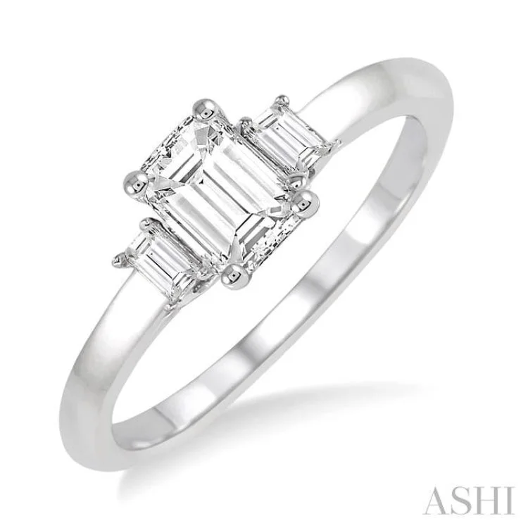 Handcrafted Engagement Rings-5/8 ctw Emerald and Baguette Diamond Engagement Ring with 1/2 ct Emerald cut Center Stone in 14K White Gold