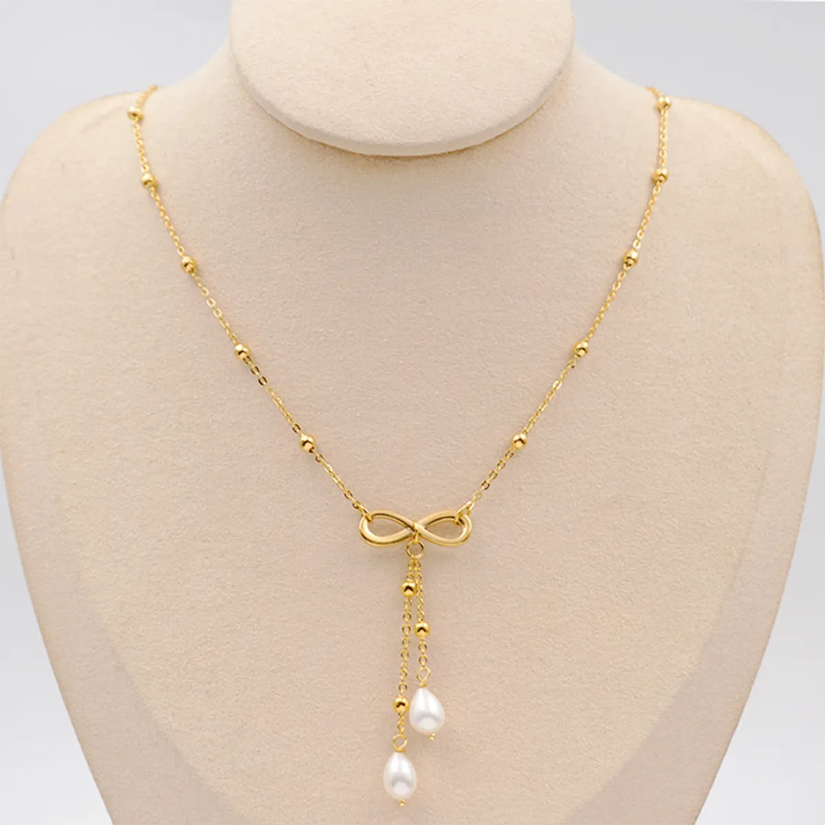 Adjustable Necklaces-304 Stainless Steel Freshwater Pearl Titanium Steel Gold Plated Cute Simple Style Bow Knot Freshwater Pearl Pendant Necklace