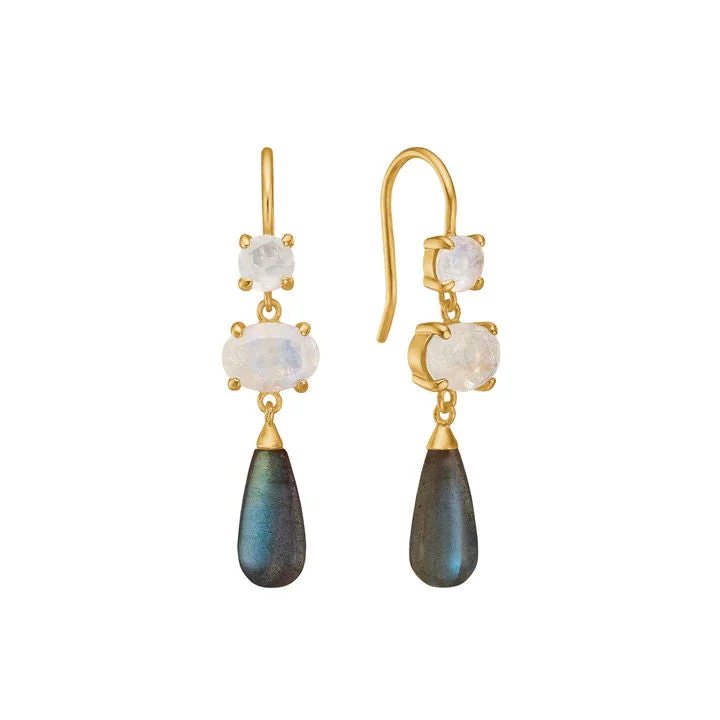 Simple Hoop Earrings-Drop 18K Gold Plated Earrings w. Moonstone & Labradorite