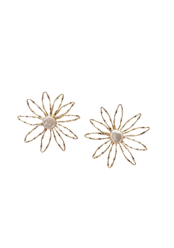 Classic Gold Hoop Earrings-Gold Flower Pearl Earrings