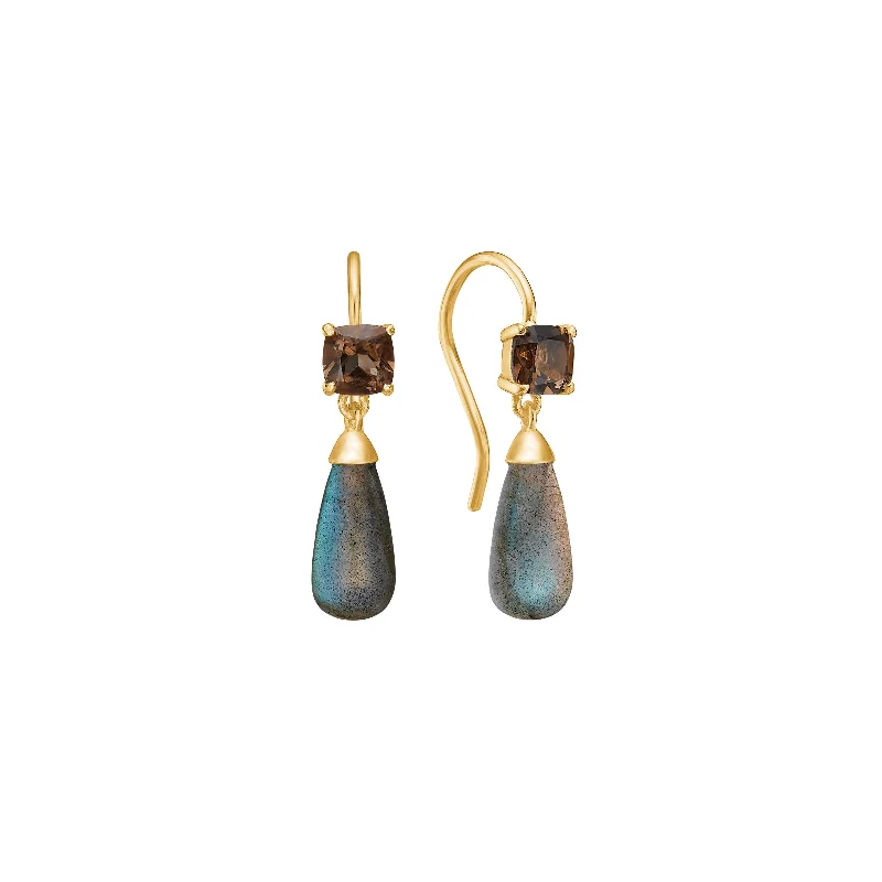 Elegant Silver Drop Earrings-18K Gold Plated Earrings w. Smoked Quartz & Labradorite