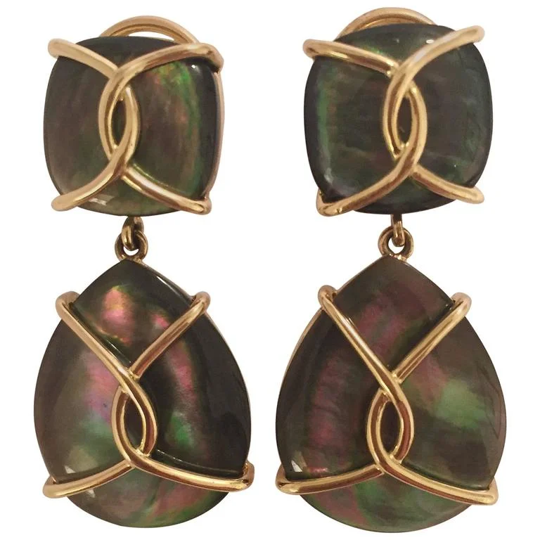 Elegant Gold Drop Earrings-18kt Yellow Gold Abalone Cushion and pear shaped Drop Earrings with Twisted Gold Detail