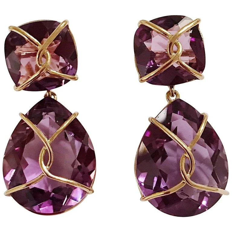 Simple Hoop Earrings for Women-Yellow Gold Wrapped Drop Earring with Purple Amethyst