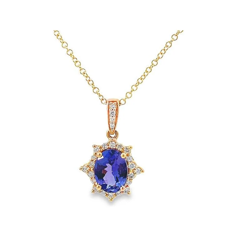 Custom Logo Necklaces-14K Yellow Gold Tanzanite and Diamond Halo Pendant