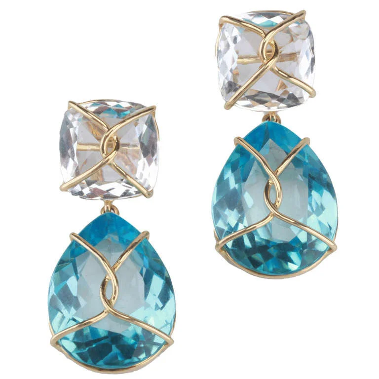 Crystal Dangle Earrings-18kt Yellow gold Wrapped Drop Earrings with Rock Crystal and Blue Topaz