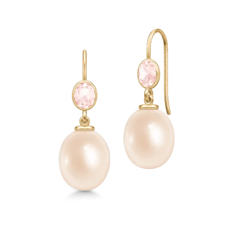 Large Drop Gemstone Earrings-Callas Gold Plated Earrings w. Quartz & Rose Pearls