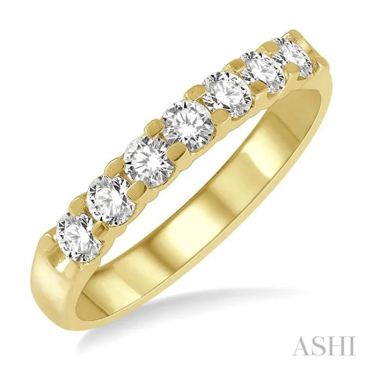 Custom Wedding Rings with Colored Stones-3/4 ctw 7 Stone Round Cut Diamond Wedding Band in 14K Yellow Gold