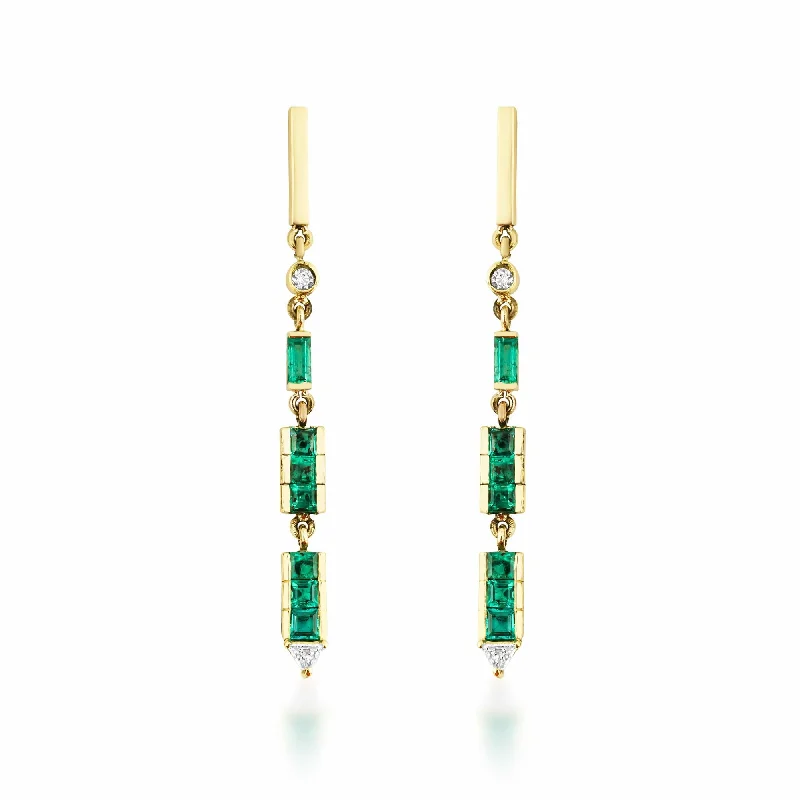 Luxury Designer Earrings for Women-Artisia Bar 18K Gold Earrings w. Diamonds & Emeralds