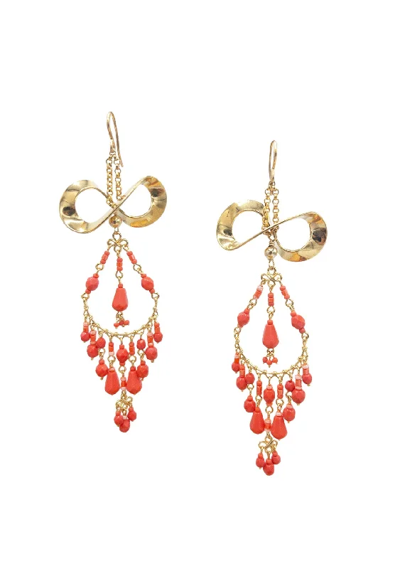 Handcrafted Drop Earrings for Women-Red Coral Gold Chandelier Earrings