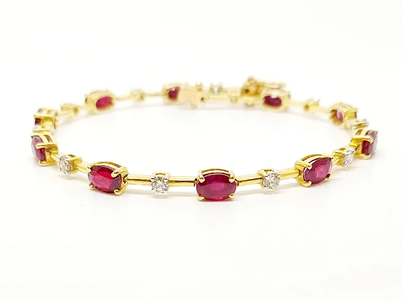 Adjustable Stone Bracelets-Ruby And Diamond Bar Bracelet In 14k Yellow Gold Ad No: 2400