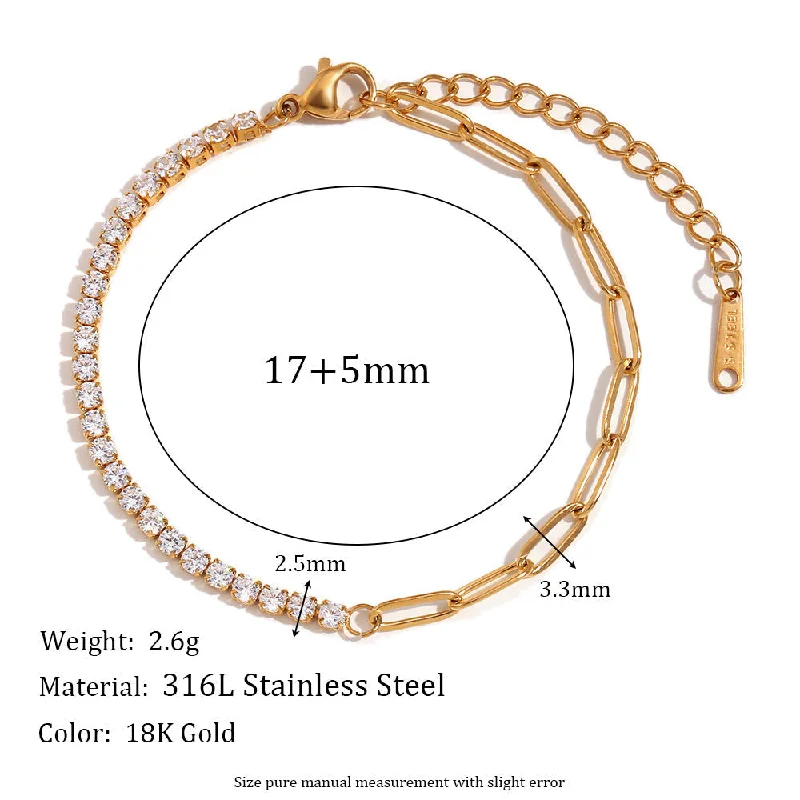 Zircon Chain Splicing Paper Clip Bracelet - Gold - White Zircon