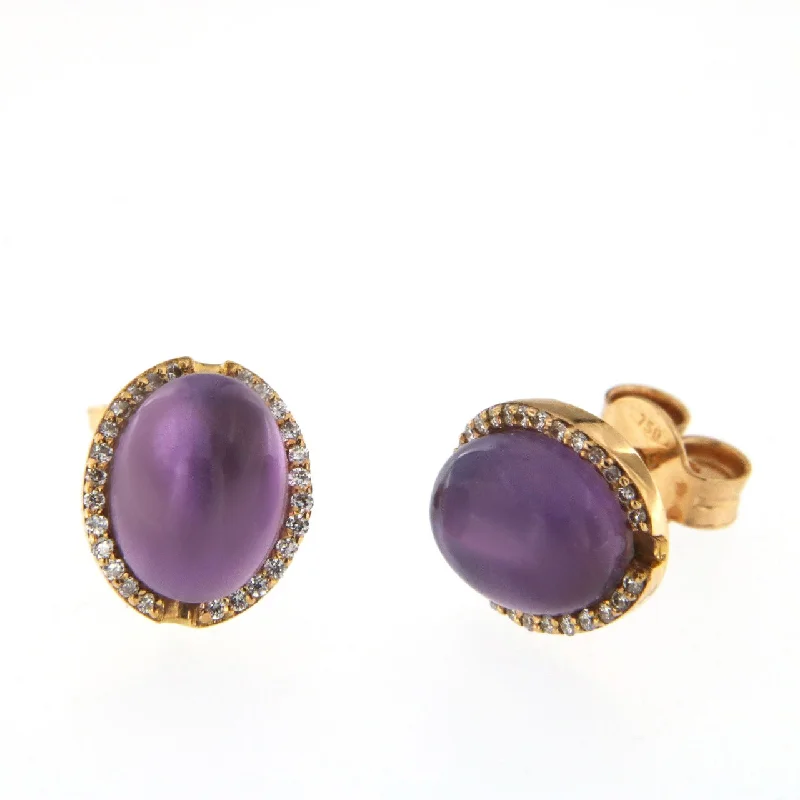 Sparkling Gemstone Earrings-Cabouchon 18K Rose Gold Earrings w. Diamonds & Amethyst