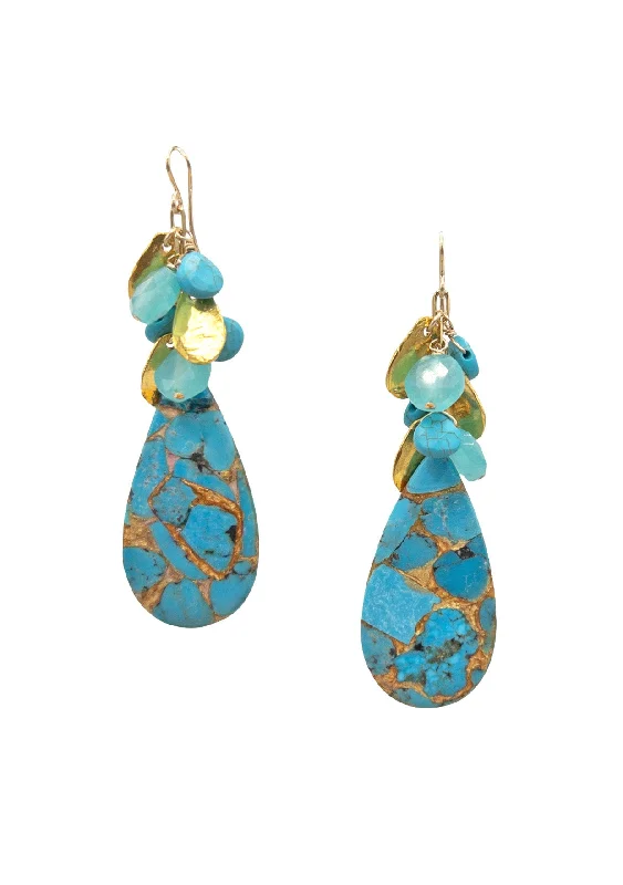 Crystal and Gold Earrings-Copper Infused Turquoise Dangle Earrings