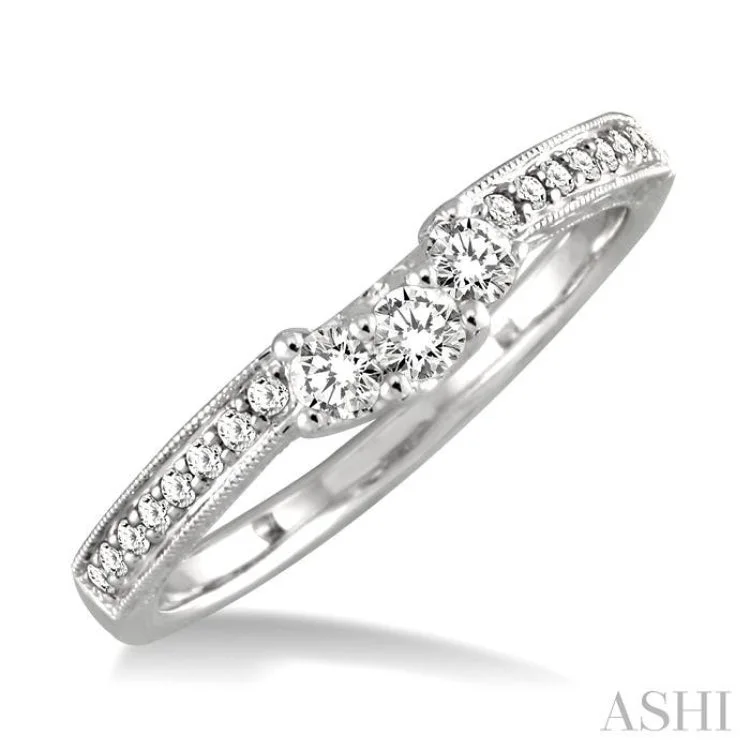 Designer Promise Rings for Women-1/3 ctw Arched Center Engraved Foliage Round Cut Diamond Wedding Band in 14K White Gold