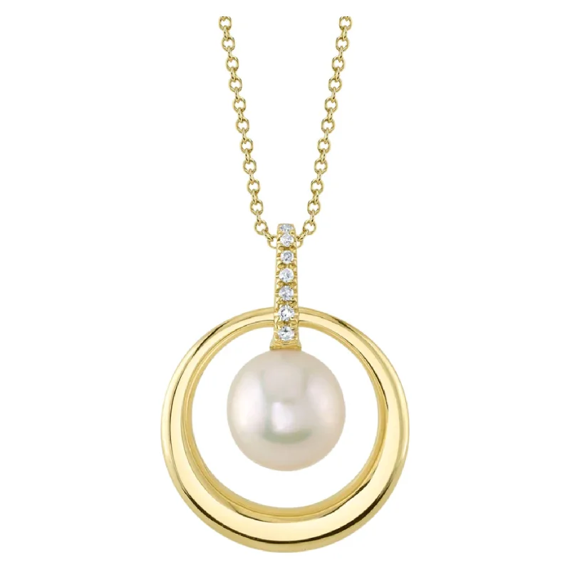 Anniversary Necklaces-14K Yellow Gold Pearl and Diamond Circle Pendant