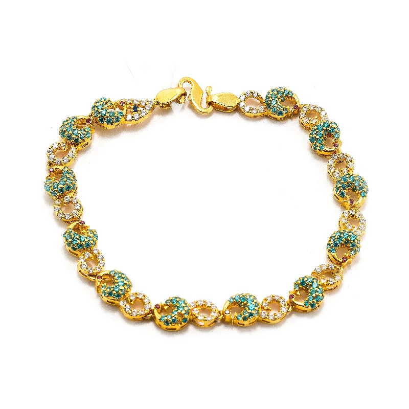 Charm Bracelets for Teen Girls-22K Yellow Gold Bracelet W/ Multi Colored CZ Gems & Curled Peacock Accents