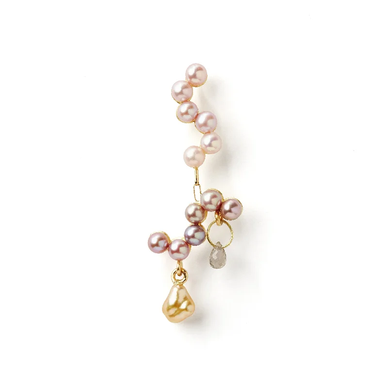 Sparkling Gemstone Drop Earrings for Women-Fine Curves 18K Gold Earring w. pink Pearls & green Sapphire