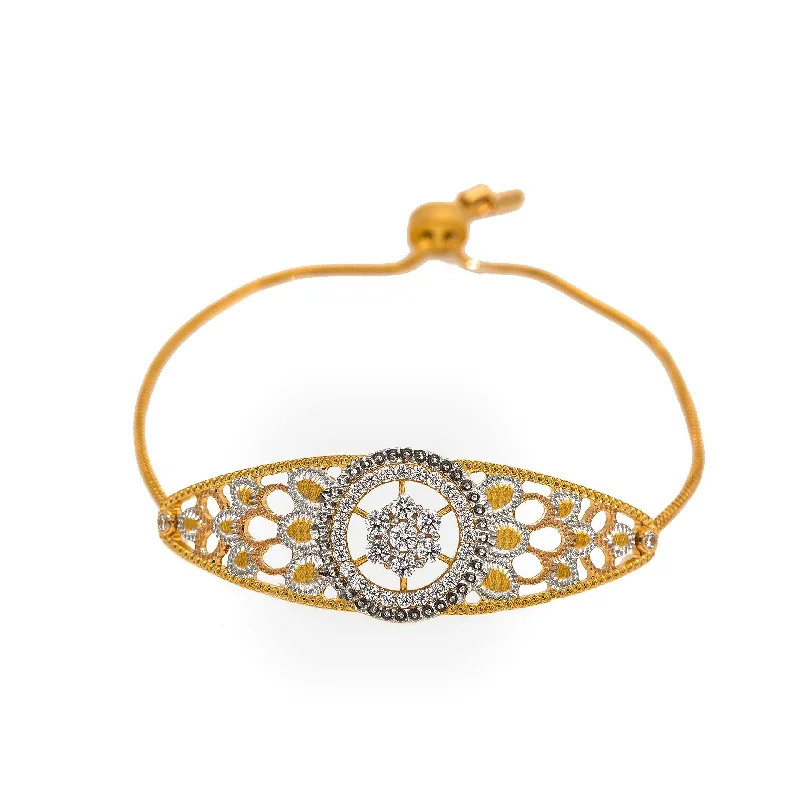 Sleek Bracelets for Women-22K Multi Tone Gold Bracelet W/ CZ Gems, Wheel Spoke Design & Drawstring Closure