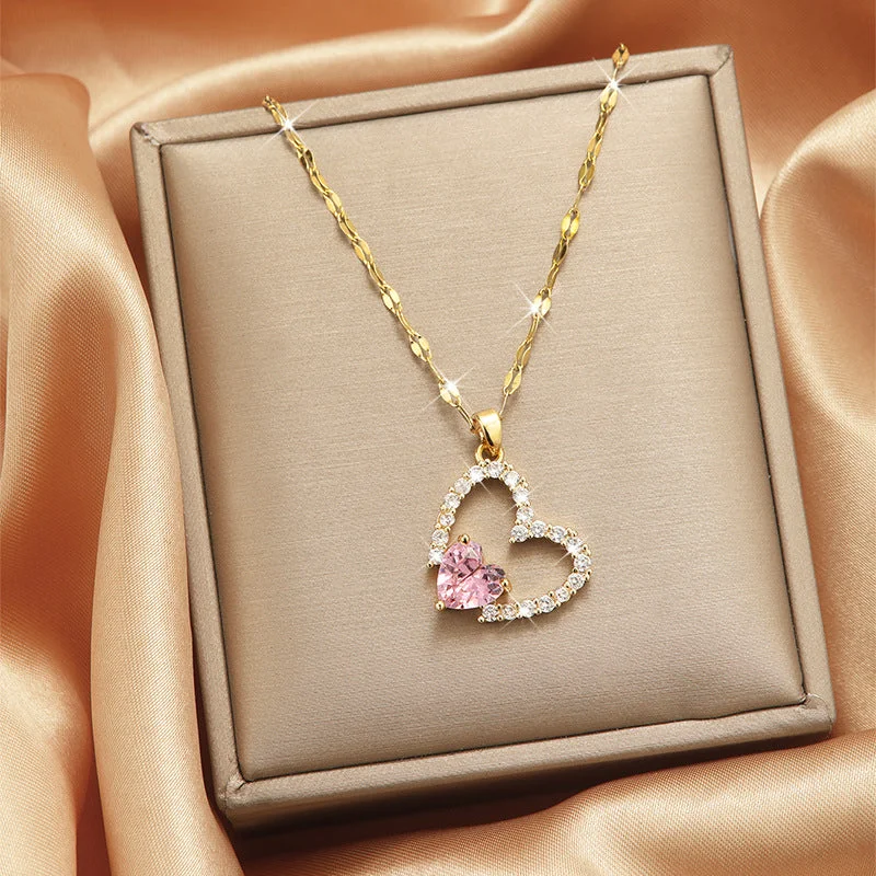 X5502# Pink Diamond Hollow Heart Necklace