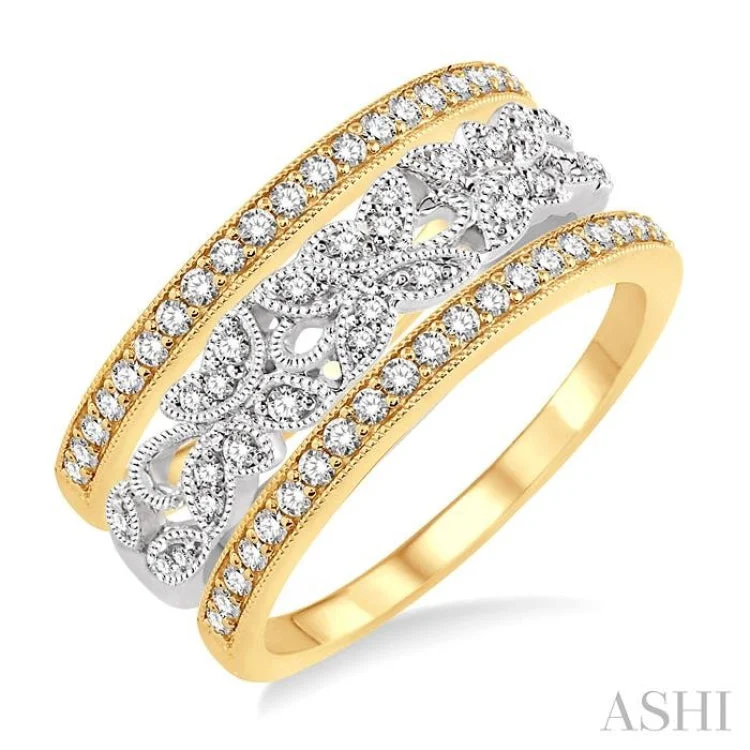 Handmade Diamond Wedding Bands-1/2 Ctw Round Cut Diamond Triple Band Set in 14K White and Yellow Gold