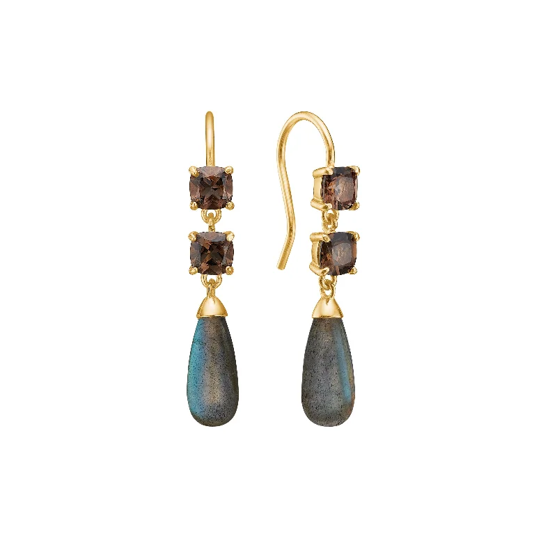 Handcrafted Drop Earrings-18K Gold Plated Earrings w. Labradorite & Quartz