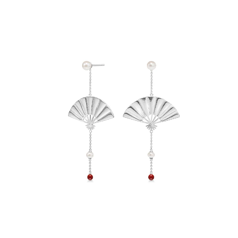 Geometric Drop Earrings for Women-Hanging Fan Silver Earrings w. Pearl & Coral