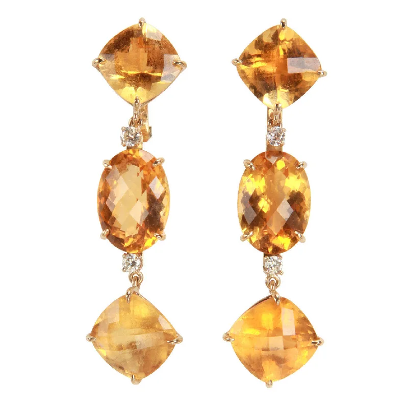 Simple Designer Earrings-Elegant Citrine Diamond Gold Three Stone Cushion Drop Earrings