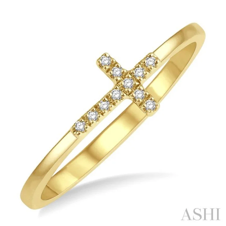 Engagement Rings with Custom Birthstones-1/20 ctw Cross Charm Round Cut Diamond Ladies Ring in 10K Yellow Gold