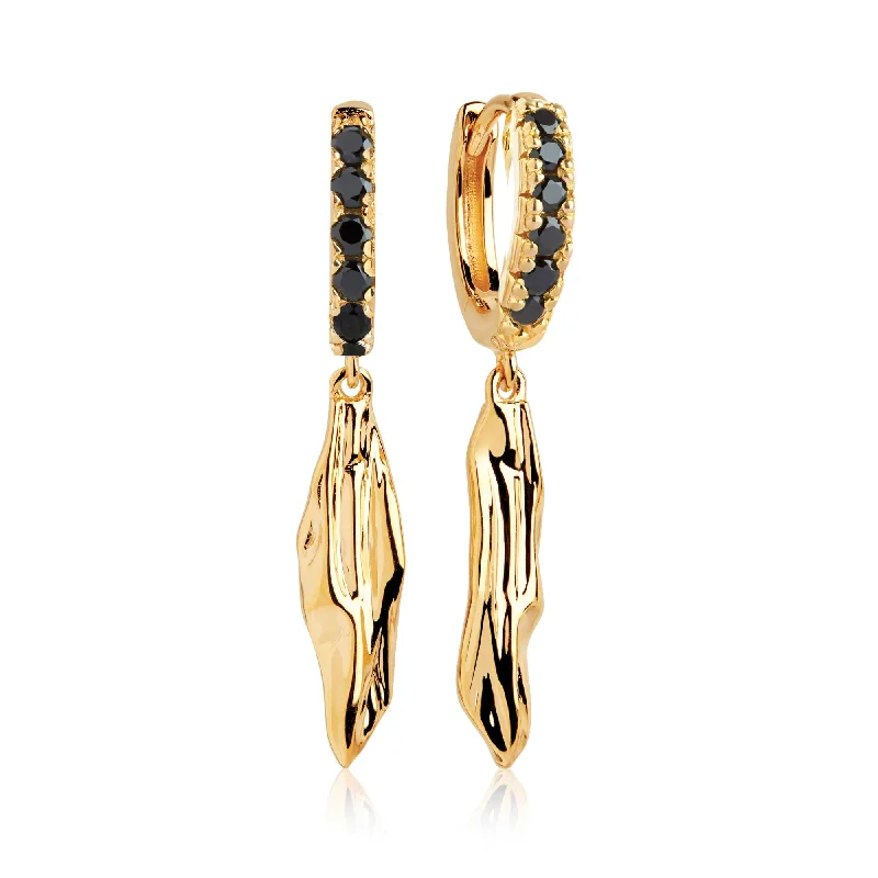 Elegant Crystal Earrings for Women-Vulcanello Lungo Gold Plated Earrings w. Black Zirconias