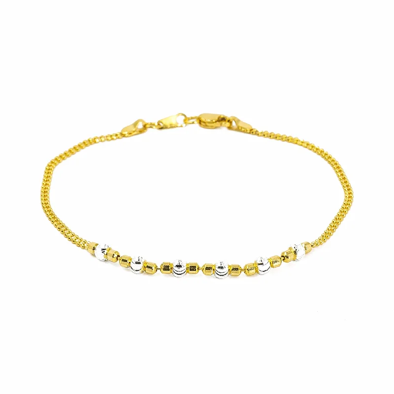 Silver Bangles for Women-22K Multi Tone Gold Bracelet W/ 7 Inch Double Bead Chain & Smooth Texture Ball Accents