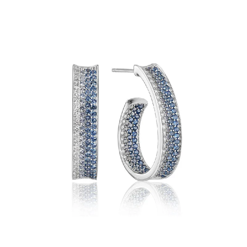 Silver Hoop Earrings-Felline Concavo Silver Earrings w. Blue Zirconias