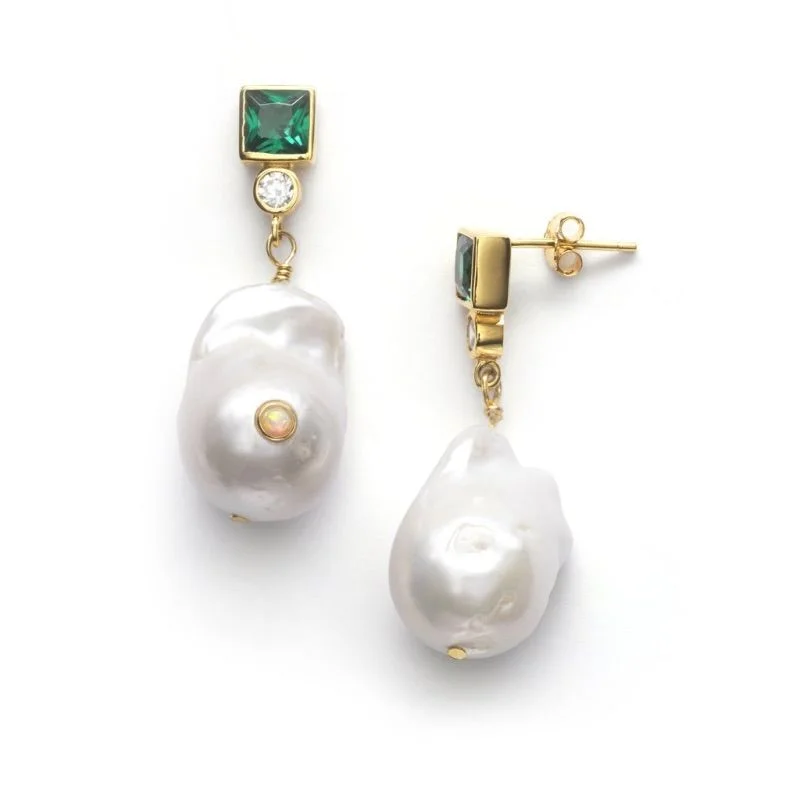 Colorful Drop Stud Earrings-Baroque Green Gold Plated Earrings w. Pearls