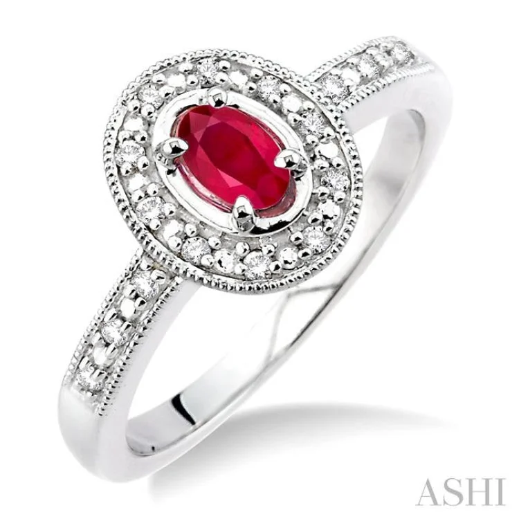 Custom Women’s Wedding Bands-5x3 MM Oval Cut Ruby and 1/10 ctw Single Cut Diamond Ring in 10K White Gold.