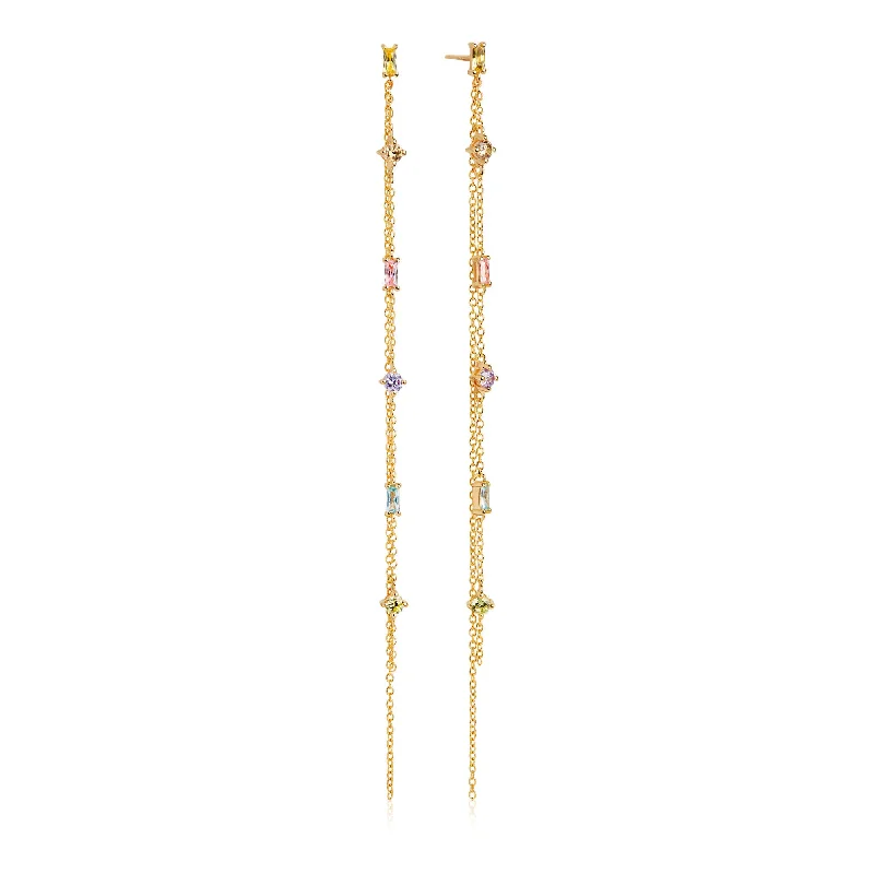 Stylish Dangle Earrings-Princess Gold Plated Double Chain Earrings w. Green, Blue, Purple & Pink Zirconias