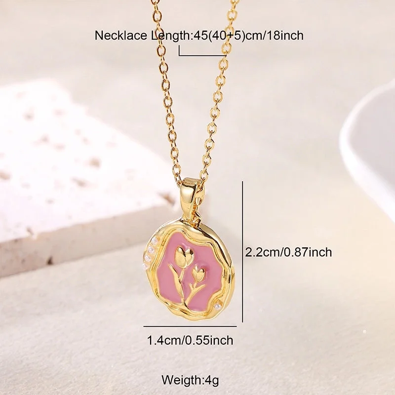 Gold|Roses on a Pink Background Pendant Necklace