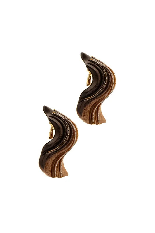 Silver Stud Earrings-Carving Wavy Wood 18K Gold Earrings